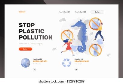 Stop plastic pollution  web page template. Modern vector styled image of no plastic signs with flat illustration of seahorse surrounded by tiny 
activists.