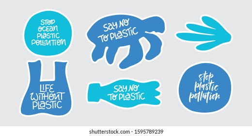 Stop plastic pollution word stickers set. Environment pollution, ecological problem isolated vector illustrations. Planet protection idea. Whale, turtle, fish swimming in garbage clipart