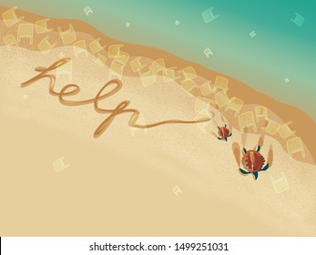 Stop plastic pollution.Plastic bags on the beach and in the sea with Red turtle,polluting the sea and harmful to marine lives.destroyed or Relocated.Plastic banned.Climate changes.With help text.