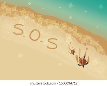 Stop plastic pollution.Plastic bags on the beach and in the sea with Red turtle,polluting the sea and harmful to marine lives.destroyed or Relocated.Plastic banned.Climate changes.With"S.O.S" text.
