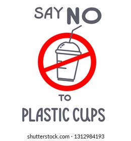 Stop plastic poster.  Handwritten text "Say no to plastic cups" Plastic pollution problem concept. Can be use for logo, poster, icon, print and web projects.