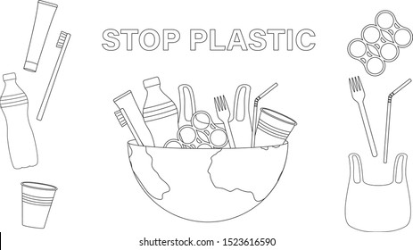 Stop plastic. Set of outline vector pictures of plastic objects polluting the Earth. Environmental problems. Can be used as protest elements, banners