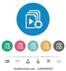 Stop playlist flat white icons on round color backgrounds. 6 bonus icons included.