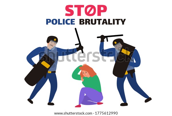 stop police brutality two\
policemen in uinform attack a sitting crying woman vector\
illustration