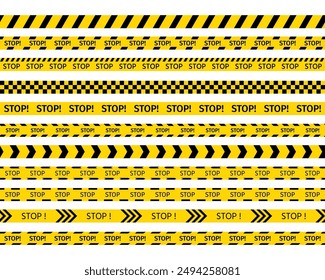 Stop police road sign. Do not cross yellow black tape. Warning barrier tapes for danger places. Set of caution crime scene bands. Seamless striped boundary lines. Vector illustration.