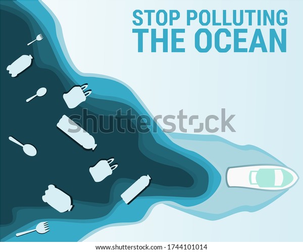 Stop Polluting Oceanillustration Boat Crossing Ocean Stock Vector ...