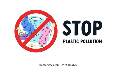 Alto a la contaminación, señal antiplástica, símbolo de advertencia. Campaña ecológica para reducir la basura, basura, basura y prohibición de basura, protección ecológica. Ilustración vectorial plana aislada sobre fondo blanco