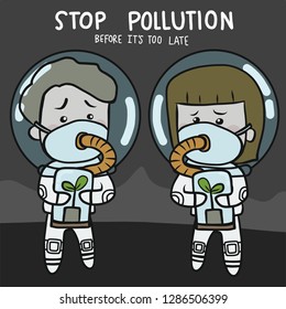 Stop pollution before it's too late future people cartoon character vector illustration doodle style