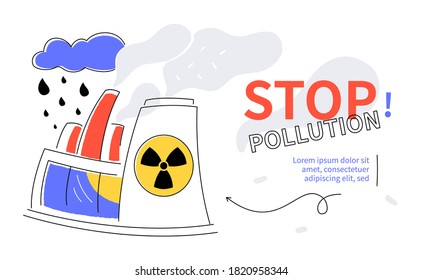 Stop pollution - colorful flat design style web banner with line elements, copy space for text. Ecological problem, environmental conservation idea. An illustration with a factory, power plant