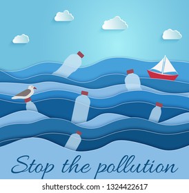 Stop the Pollution. Ecological blue poster. paper art and digital crafts style. seagull sitting on Flowing Plastic Bottle. 