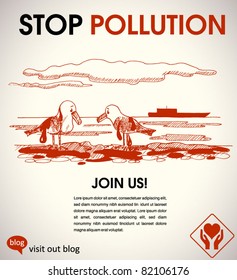 Stop Pollution - Environmental Poster With A Hand-drawn Seagulls And Oil Spill