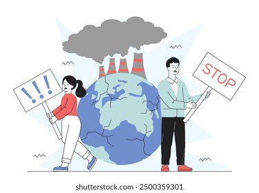 Stop pollution of planet. Man and woman with placards against backdrop of cracked Earth with factories. Protest of eco activists. Caring for nature and environment. Linear vector illustration