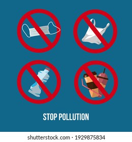 stop pollution. Round stop sign. Plastic glass, straws, mask, bottle, package icons. Set. Ecological problem. vector illustration