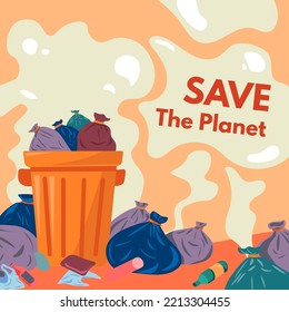 Stop pollution and save planet, ecological and environmental awareness. Landfill with garbage and litter, plastic bags and glass bottles unable for recycling. Smell and odor. Vector in flat style