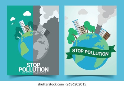 Stop pollution signage clipart poster set. Earth environmental climate change clip art collection for air, water and garbage pollution poster campaign vector illustration.   
