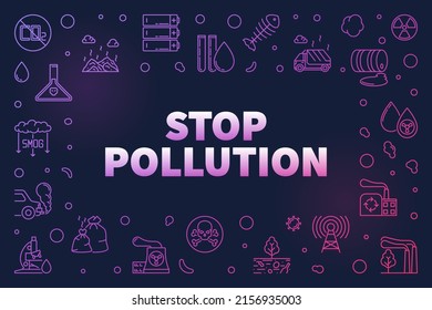 Stop Pollution thin line colored horizontal Frame. Vector Environment Protection concept modern illustration with dark background