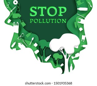 Stop pollution, vector illustration in paper art modern craft style. Save green forest from plastic trash, nature and environment conservation concept for poster, banner, website page etc.