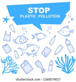 Stop pollution of water bodies with plastic containers. Underwater inhabitants and plastic in the pond.

