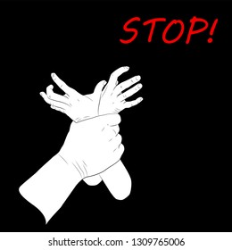 Stop poster. Violence against children. Thin line design vector illustration. Man's hand holding kid's hands. Black background.