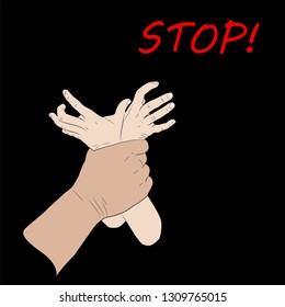 Stop poster. Violence against children. Flat design vector illustration. Man's hand holding kid's hands. Black background.