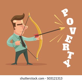 Stop poverty. Man character broke poverty word. Vector flat cartoon illustration