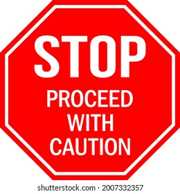 Stop proceed with caution sign. Red octagonal background. Safety signs and symbols.