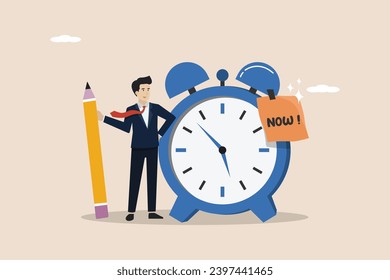 Stop procrastinating, do it now to get work done, meet appointment in time concept, confident businessman holding pencil after he wrote the word Now on a note and stick it on the alarm clock.