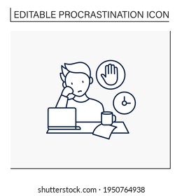 Stop Procrastinating Line Icon.Ready To Work. Minimize Distractions. Commit Tasks.Procrastination Concept. Isolated Vector Illustration.Editable Stroke