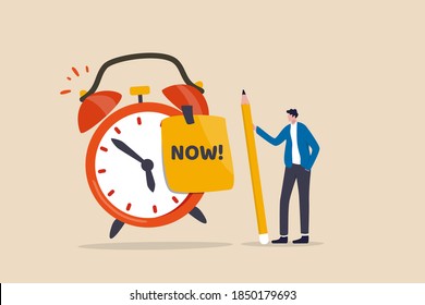 Stop procrastination, do it now or decision to finish work or appointment in time, punctuality concept, businessman with pencil after he wrote the word Now on note and stick it on ringing alarm clock.