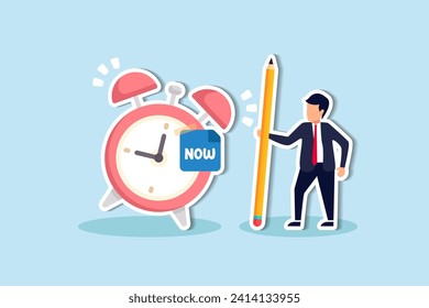 Stop procrastination, do it now or decision to finish work or appointment in time, punctuality concept, businessman with pencil after he wrote the word Now on note and stick it on ringing alarm clock.