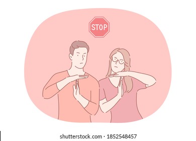 Stop, prohibiting gesture and sign concept. Young serious couple cartoon characters showing stop prohibiting interruption gesture with hands and red stop road sign above vector illustration 