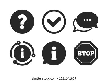 Stop prohibition and question FAQ mark signs. Chat, info sign. Information icons. Approved check mark symbol. Classic style speech bubble icon. Vector