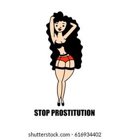 Stop prostitution. Vector banner with sexy girl in cartoon style on a white background. 
