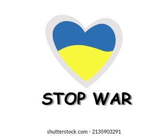 Stop putin war. Ukraine flag in heart. Heart shaped icon, sign, label with Ukrainian flag. No war. Vector illustration on white background.