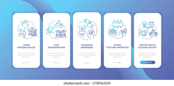 Stop racial hate onboarding mobile app page screen with concepts. Multiculturalism appreciation walkthrough 5 steps graphic instructions. UI vector template with RGB color illustrations