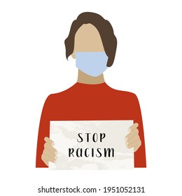 Stop racism. Stop asian hate. I am not a virus. Female holding banner. Activist with placard for demonstration, protest. Social issue. Vector flat cartoon illustration