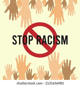 Stop racism with ban sign icon. Hands icon raised up. Poster or banner.