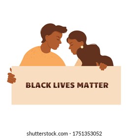 Stop racism. Black lives matter, we are equal. No racism concept. Young afro american activists against racism. Flat style. Different skin colors. Supporting illustration. Vector.