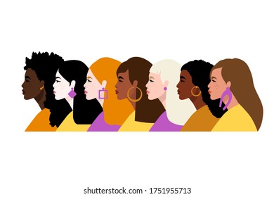 Stop racism. Black lives matter, we are equal. Flat style. Women. Different skin colors. Vector illustration. Isolated.
