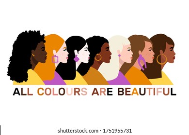 Stop racism. Black lives matter, we are equal. No racism concept. Flat style. Women. Different skin colors. Vector illustration. Isolated.