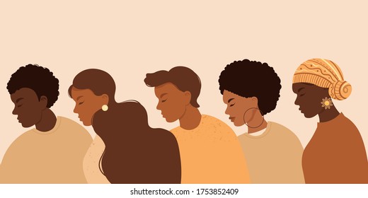 Stop racism. Black lives matter, we are equal. No racism concept. Flat style. Different skin colors. Supporting illustration. Vector.