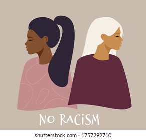 Stop racism. Black lives matter, we are equal. Young girls, African American and European, anti-racist activists. Different skin colors. Vector illustration in a flat style, vector.