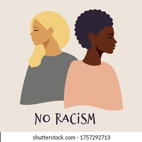 Stop racism. Black lives matter, we are equal. Young girls, African American and European, anti-racist activists. Different skin colors. Vector illustration in a flat style, vector.