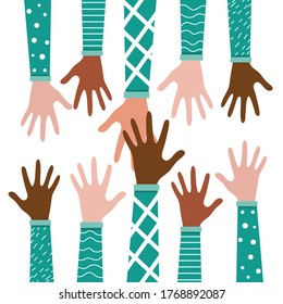 Stop racism. Black lives matter, we are equal. No racism concept. Flat style. Protesting hands people. Different skin colors. Vector illustration. Isolated.