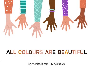 Stop racism. Black lives matter, we are equal. No racism concept. Flat style. Protesting hands people. Different skin colors. Vector illustration. Isolated.