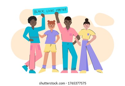 Stop racism. Collection of young men and women standing and holding banner. Male and female protesters or activists. 