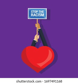 stop the racism concept - heart and human hand with sign.Conceptual vector illustration in flat style design.Isolated on background.