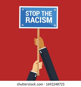 detengan el concepto de racismo - las manos interraciales con signos y textos detienen el racismo. Ilustración conceptual vectorial en el diseño de estilo plano. Aislado en el fondo.