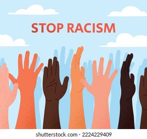 Detengan el concepto de racismo. Personajes multirraciales levantan la mano. Tolerancia e igualdad, democracia. Afiche o cartel motivacional para el sitio web. Respeto y unidad. Dibujo vectorial plano de dibujos animados