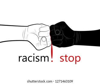 stop racism concept, two hands black and white and blood drop in the middle with text stop racism, minimalist poster, vector